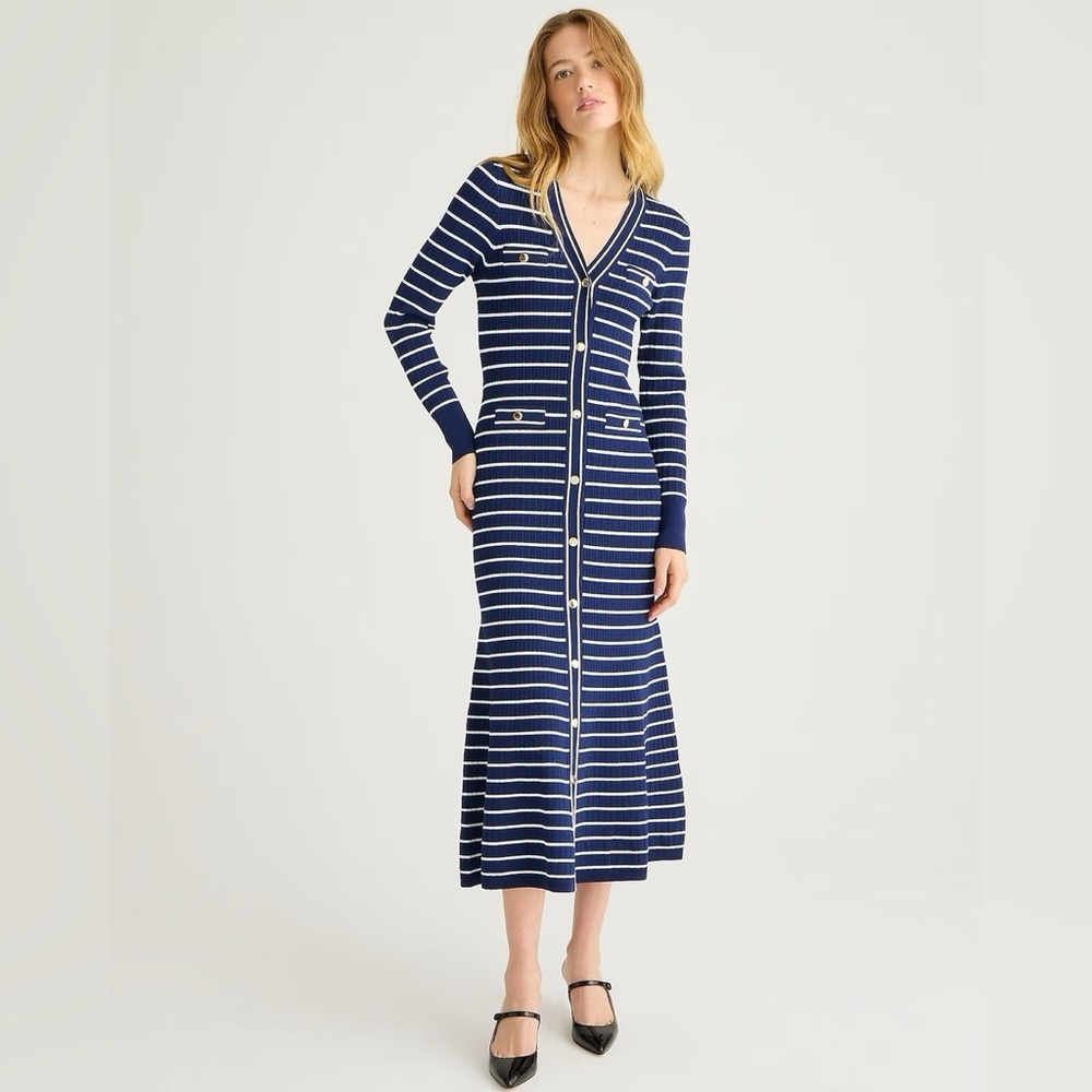 J. CREW Button-Up Sweater Dress in Stripe Navy White Midi Size Small - Picture 2 of 8